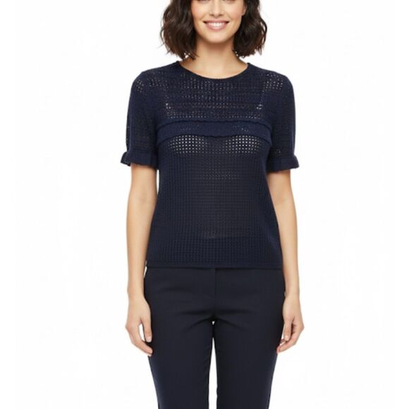 Top Shop NWOT Navy Crochet Short Sleeve Sweater Size 8 - Picture 1 of 13